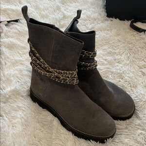 CECELIA NEW YORK Charcoal Boots with Gold Chains